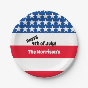 Happy 4th of July American Flag Add Family Name Pa Paper Plates