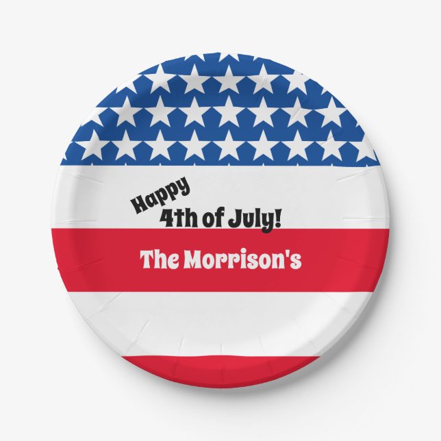 Happy 4th of July American Flag Add Family Name Pa Paper Plates (Front)