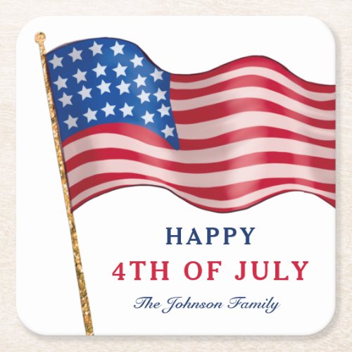 Happy 4th of July American Flag Square Paper Coaster