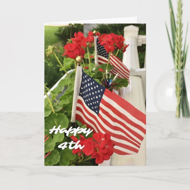 Happy 4th of July American Flags and Geraniums Card (Front)