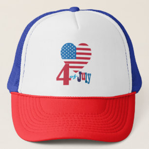 Happy 4th of July American USA Flag Heart Pattern Trucker Hat