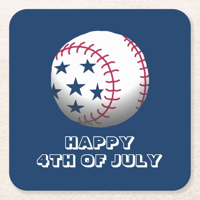 Happy 4th of July Baseball Square Paper Coaster (Front)