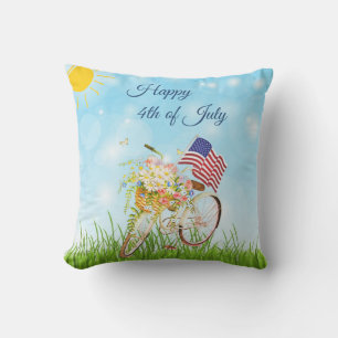 Happy 4th of July bike with flag   Outdoor Pillow