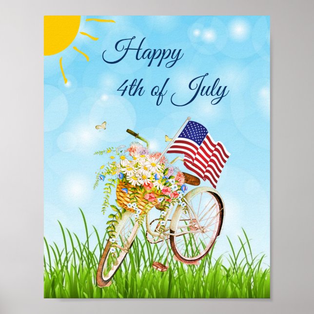 Happy 4th of July bike with flag   Poster (Front)