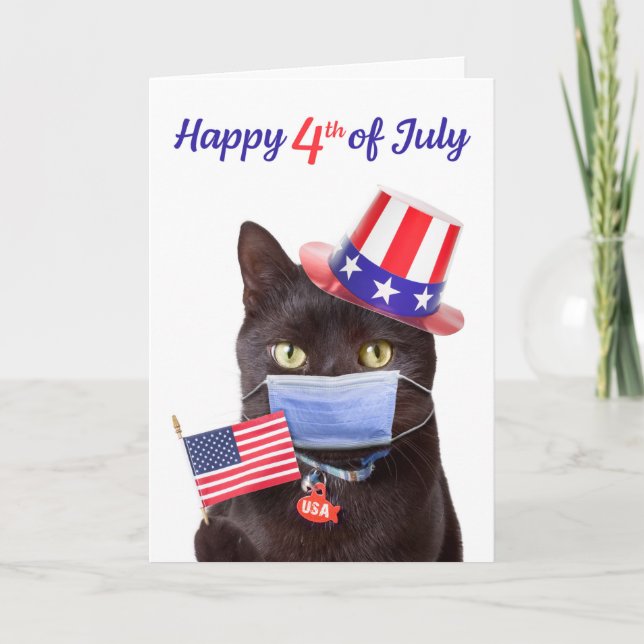 Happy 4th of July Cat in Face Mask Humor Holiday Card (Front)