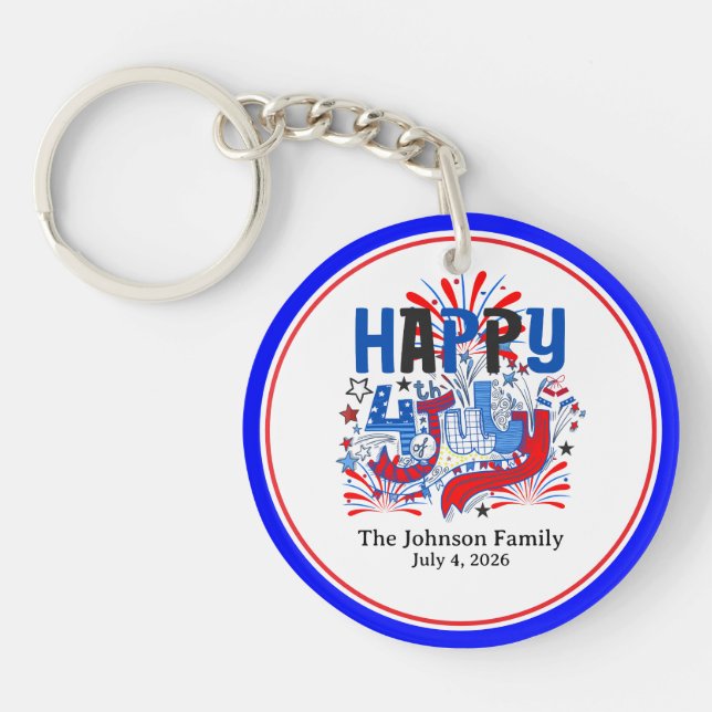 Happy 4th of July Celebration Custum Text Keychain (Front)