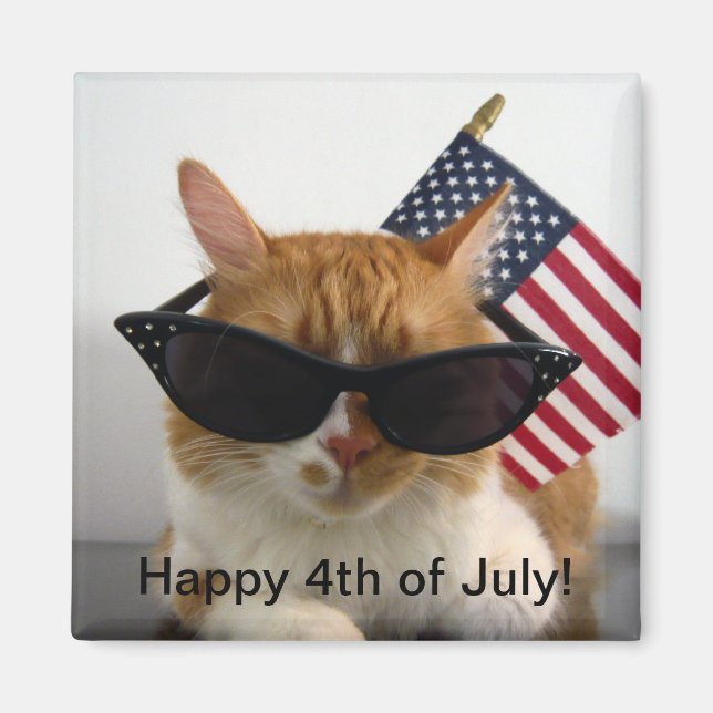 Happy 4th of July Cool Cat with Flag Magnet (Front)