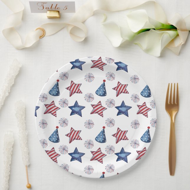 Happy 4th of July Cute Party Pattern Paper  Paper Plates (Wedding)