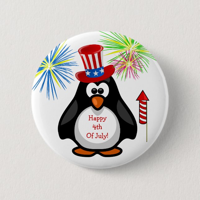 HAPPY 4TH OF JULY Cute Penguin Fireworks Rocket Button (Front)