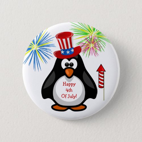 HAPPY 4TH OF JULY Cute Penguin Fireworks Rocket Button