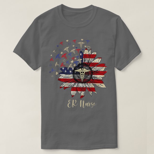 Happy 4th Of July ER Nurse Crew Sunflower American T-Shirt (Design Front)