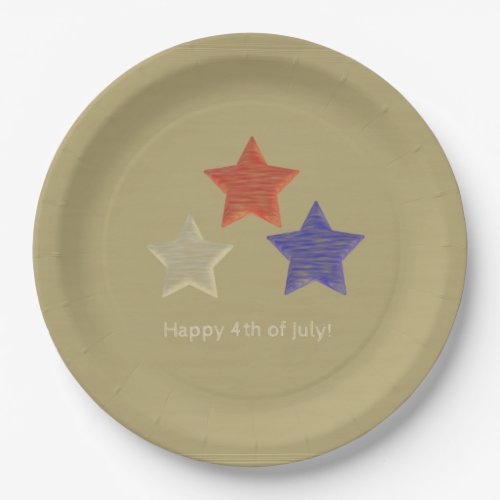 Happy 4th of July Faux Wood Red White Blue Stars Paper Plates