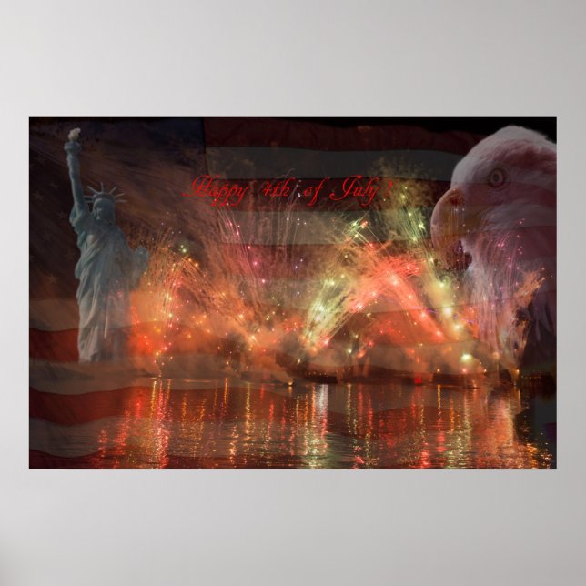 Happy 4th of July - Firework Flag eagle and Statue Poster (Front)