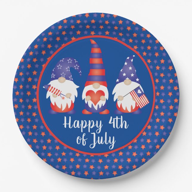 Happy 4th of July Gnomes Red White Blue Paper Plates (Front)