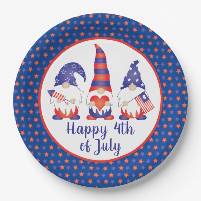Happy 4th of July Gnomes Red White Blue Paper Plates (Front)
