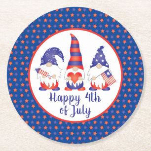 Happy 4th of July Gnomes Red White Blue Round Paper Coaster