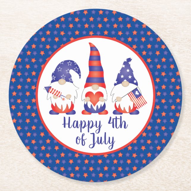 Happy 4th of July Gnomes Red White Blue Round Paper Coaster (Front)