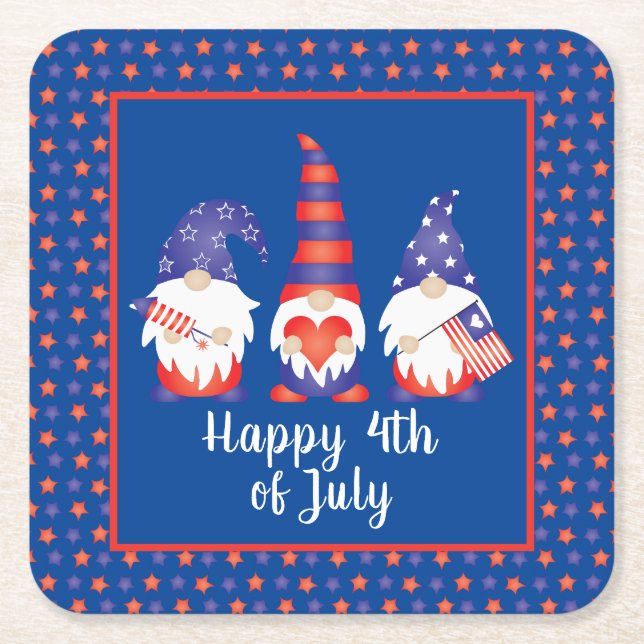 Happy 4th of July Gnomes Red White Blue Square Paper Coaster (Front)