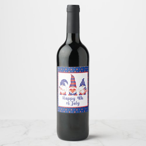 Happy 4th of July Gnomes Red White Blue Wine Label