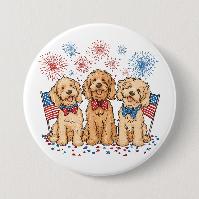 Happy 4th Of July Goldendoodle Dogs Fireworks Button (Front)