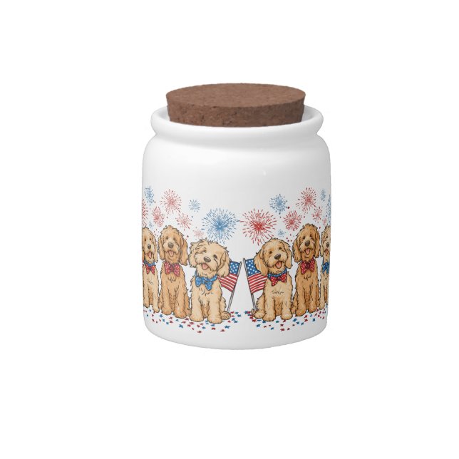 Happy 4th Of July Goldendoodle Dogs Fireworks Candy Jar (Front)