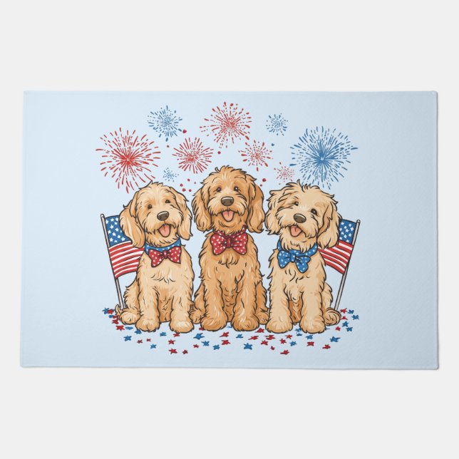 Happy 4th Of July Goldendoodle Dogs Fireworks Doormat (Front)