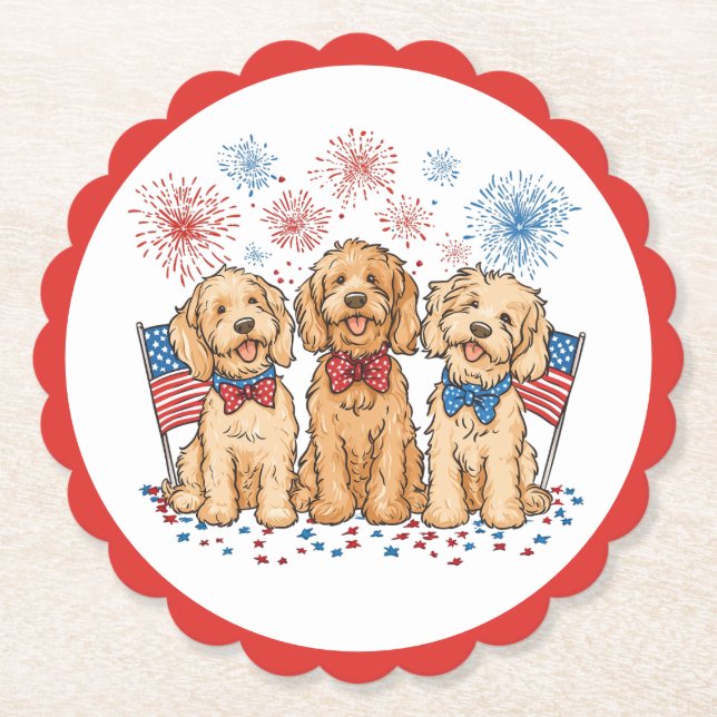Happy 4th Of July Goldendoodle Dogs Fireworks Paper Coaster (Front)