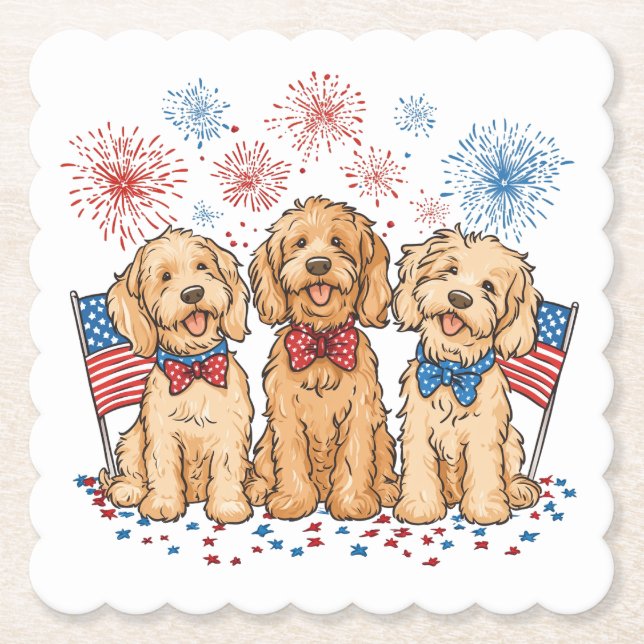 Happy 4th Of July Goldendoodle Dogs Fireworks Paper Coaster (Front)