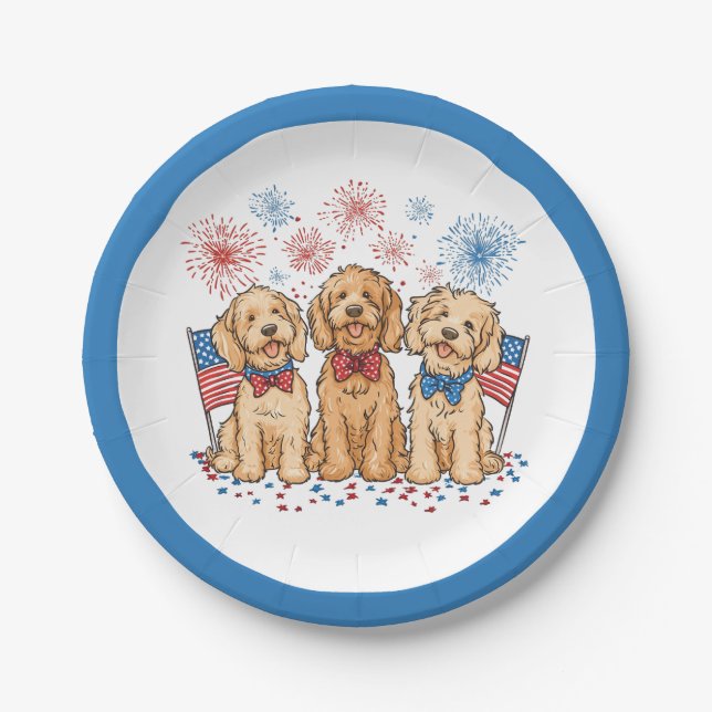 Happy 4th Of July Goldendoodle Dogs Fireworks Paper Plates (Front)