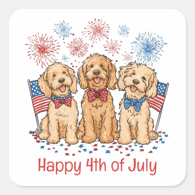 Happy 4th Of July Goldendoodle Dogs Fireworks Square Sticker (Front)