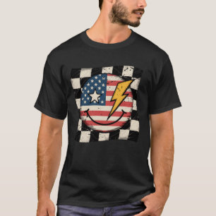 Happy 4Th Of July Groovy Smile Face Flag Checkered T-Shirt