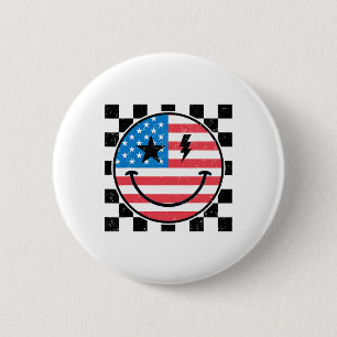 Happy 4th Of July Groovy Smile Face Red White Blue Button