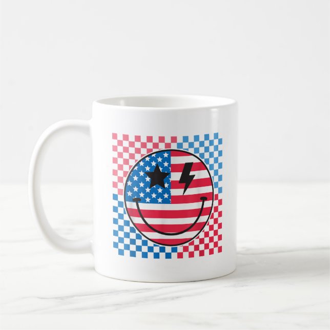 Happy 4th Of July Groovy Smile Face Red White Blue Coffee Mug (Left)