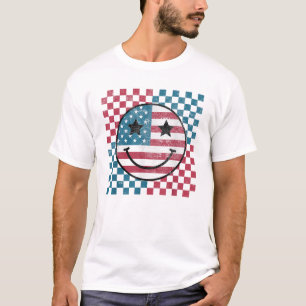 Happy 4th Of July Groovy Smile Face Red White Blue T-Shirt