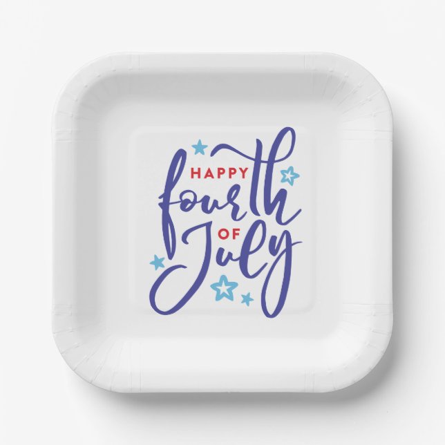 Happy 4th of July hand-created script w/stars Paper Plates (Front)