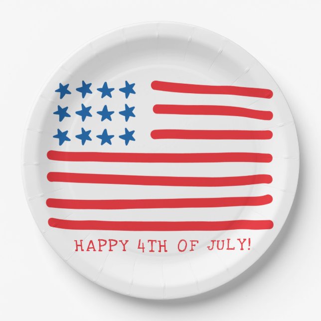 Happy 4th of July | Hand Drawn American Flag Paper Plates (Front)