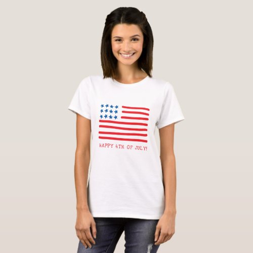 Happy 4th of July  Hand Drawn American Flag T_Shirt