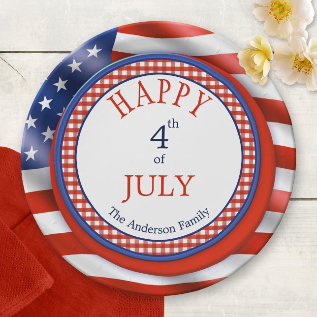 Happy 4th of July Independence Day Paper Plates (Paper plate featuring a barbecue and American flag design for 4th of July or patriot celebrations)