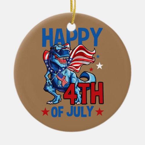 Happy 4th of July Kids Boys Dinosaur Amerisaurus Ceramic Ornament