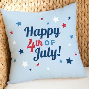Happy 4th of July Light Blue Star Throw Pillow