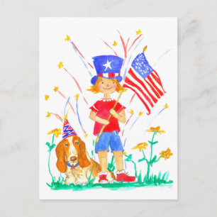 Happy 4th of July Patriotic Girl Hound Dog Postcard