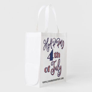 Happy 4th of July Patriotic Stars and Stripes Text Grocery Bag
