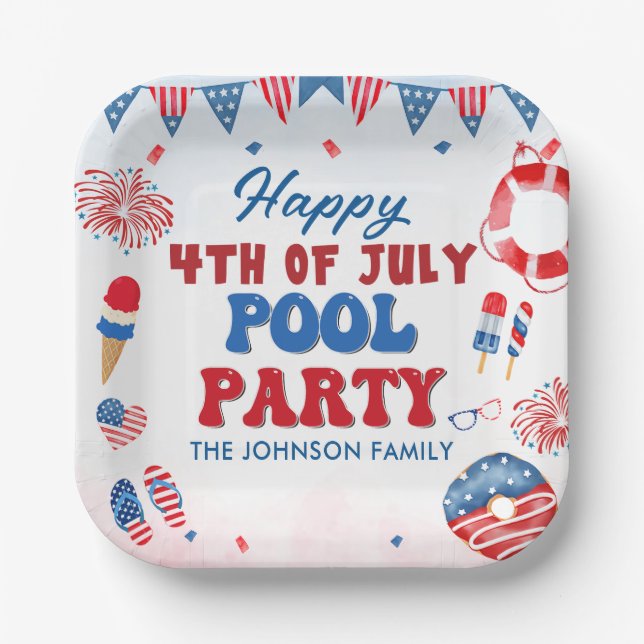 Happy 4th of July Pool Party Summer Paper Plates (Front)