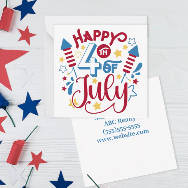 A mini 4th of July card for a realtor company. The design features stars and striped fireworks, and blue and red stars can also be seen to the left of the card.