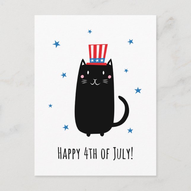 Happy 4th of July postcard with cute, black cat (Front)