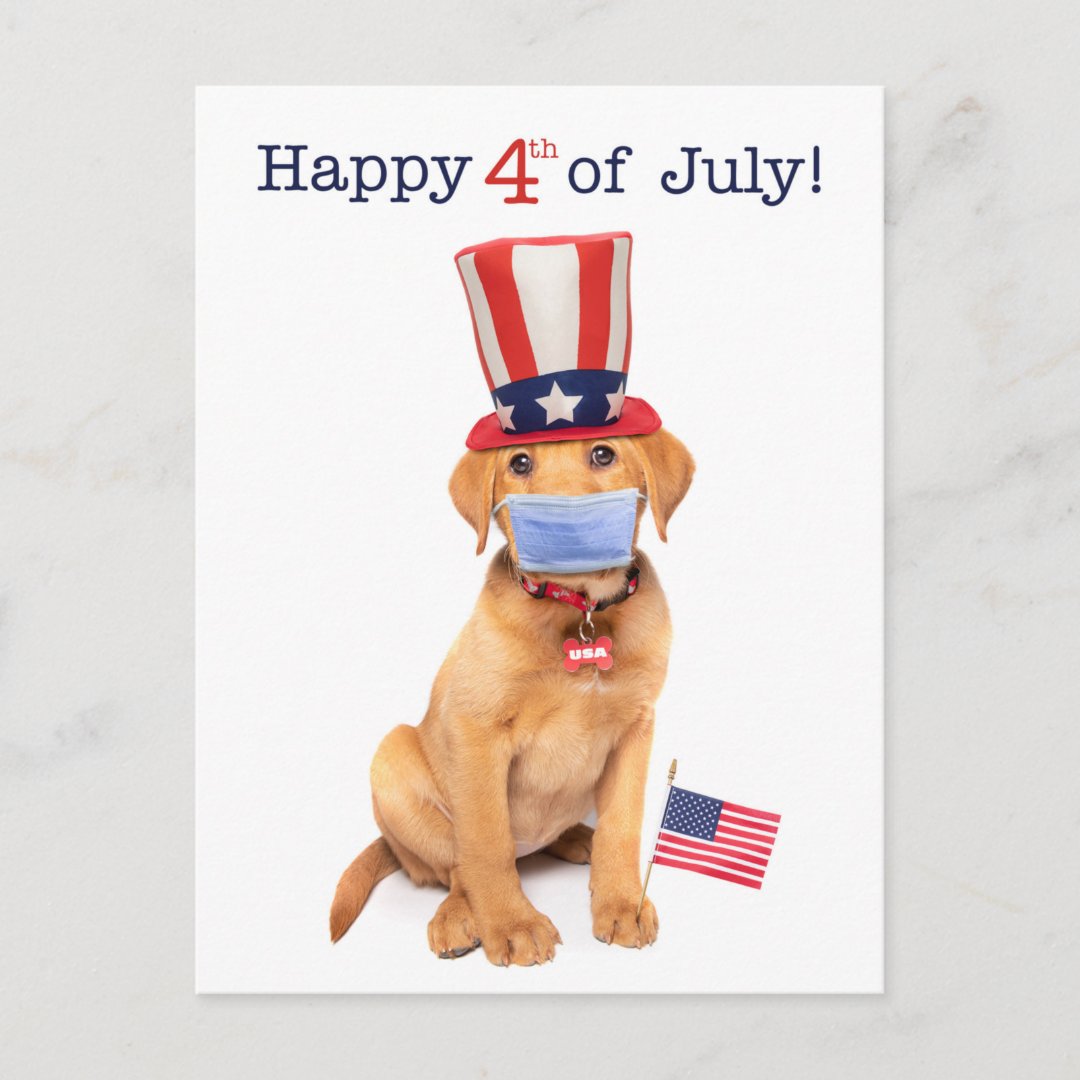 Happy 4th of July Puppy in Face Mask Postcard | Zazzle