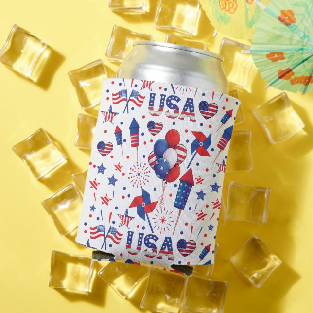 Happy 4th of July Red Blue Cute Party Can Cooler (In Situ Summer)