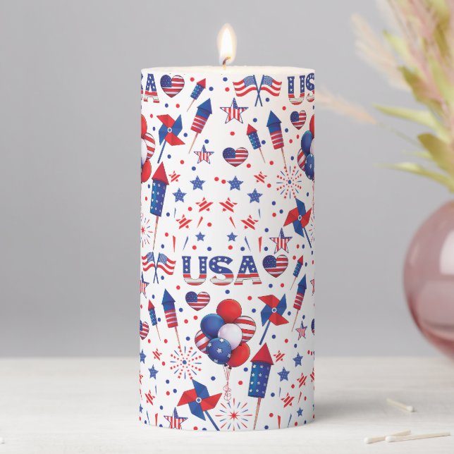 Happy 4th of July Red Blue Cute Party Pillar Candle (In Situ)