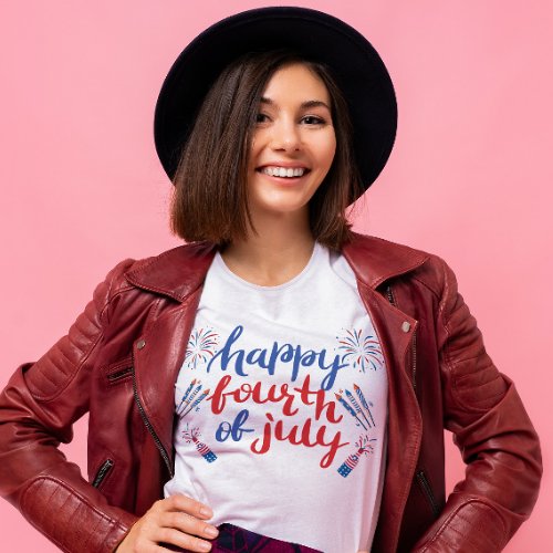 Happy 4th of July Red Blue Typography Fireworks  T_Shirt