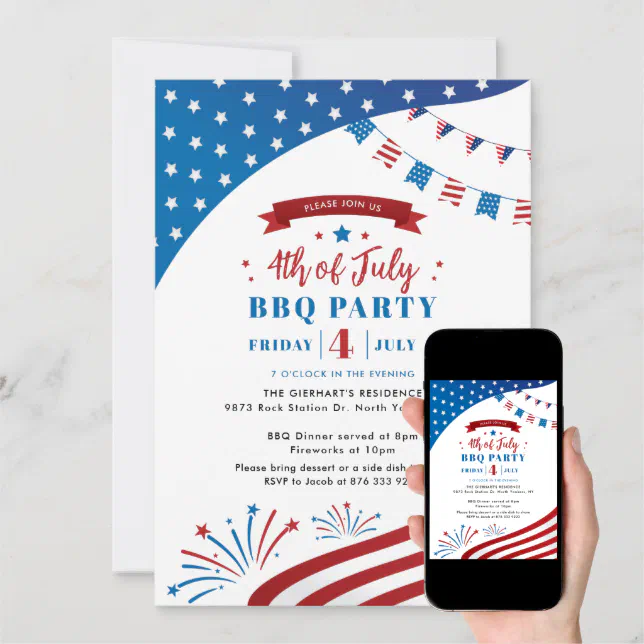 Happy 4th of July Red White and Blue BBQ Party Invitation | Zazzle